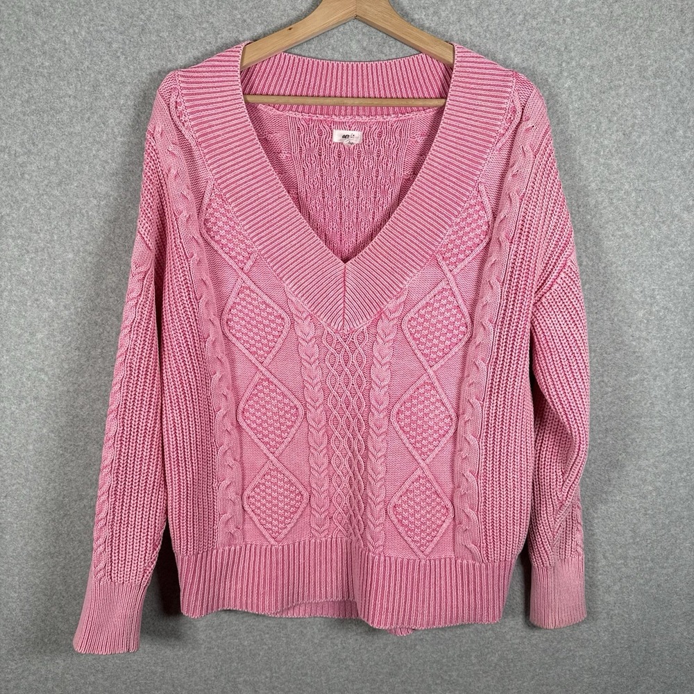 Aerie cable knit sweater womens small oversized V neck pink‎ cotton pullover